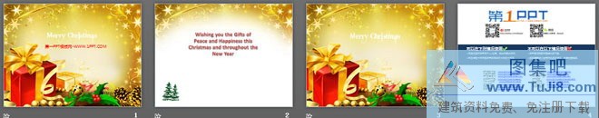 圣诞节PPT模板,水滴PPT模板,礼物PPT模板,红色PPT模板,金色PPT模板,金色圣诞礼物背景的圣诞节PPT模板,金色圣诞礼物背景的圣诞节幻灯片模板下载